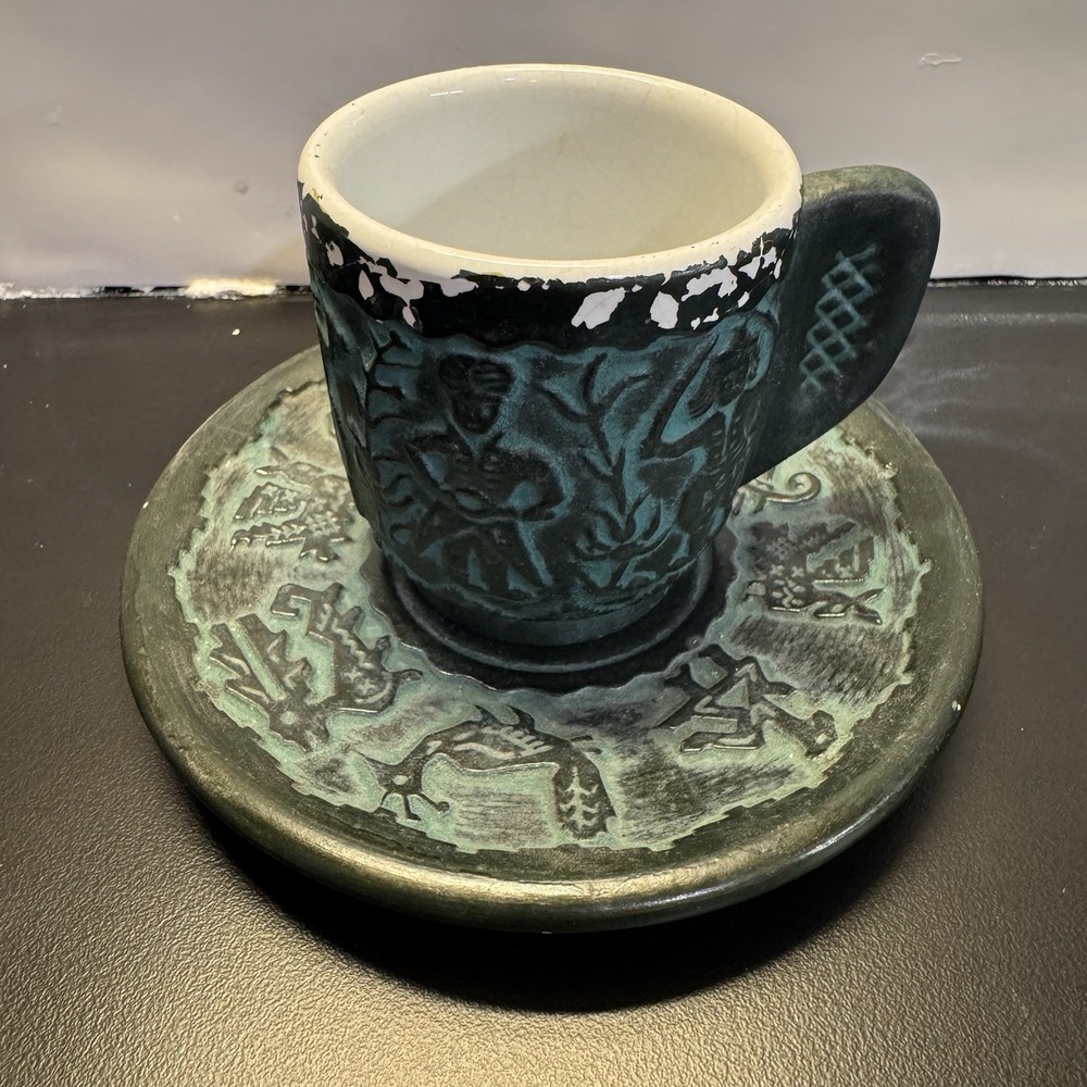 Made in Greece Handpainted‎ Cup Saucer Green Figures And Animals